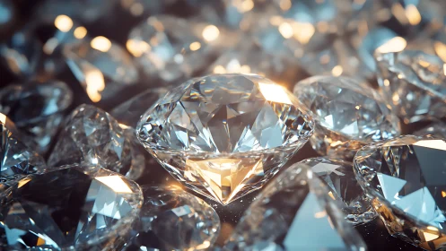 Multiple cut diamonds lie on reflective surface in close view