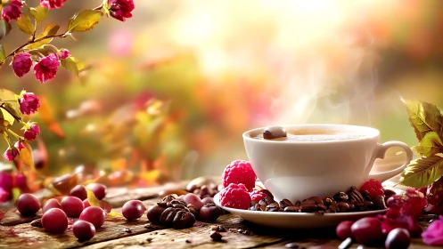 Steaming coffee cup framed by berries on rustic wooden surface