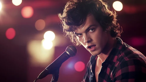 Stage-lit vocalist in shallow depth-of-field performance study.