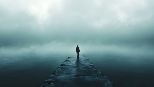 Solitary stroll into misty waters and quiet possibility.