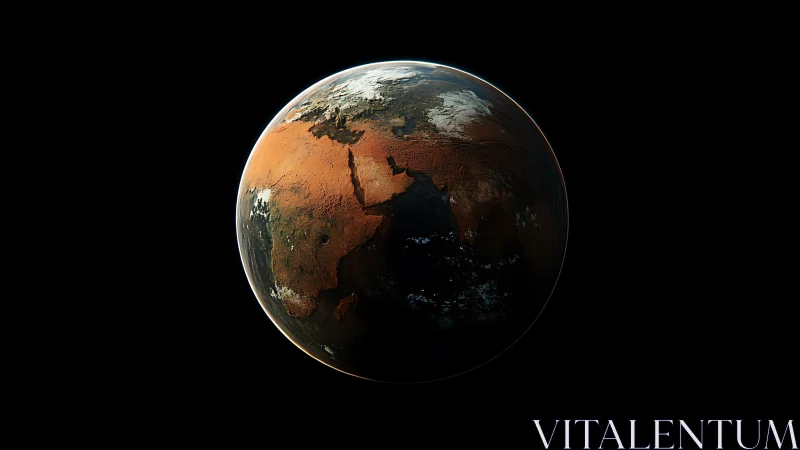 Rust-tinted Earth drifting through a velvet cosmic hush.