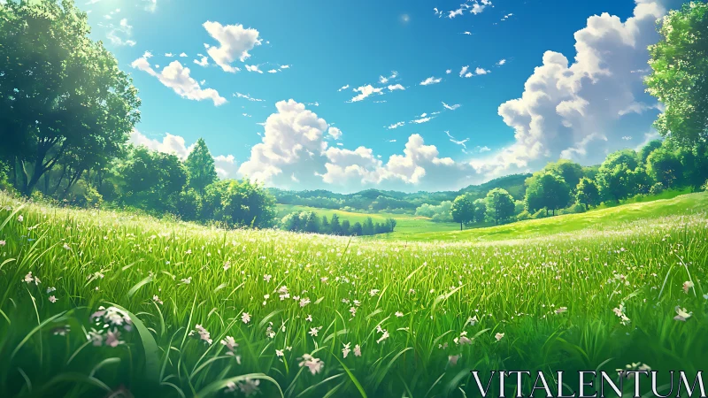 Sunny green meadow under bright blue sky with clouds.