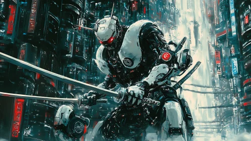Cybernetic swordsman in dense neon urban environment.