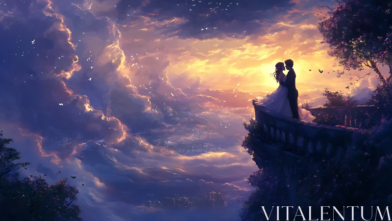 Digital painting depicting silhouetted couple in romantic embrace overlooking expansive sunset cloud