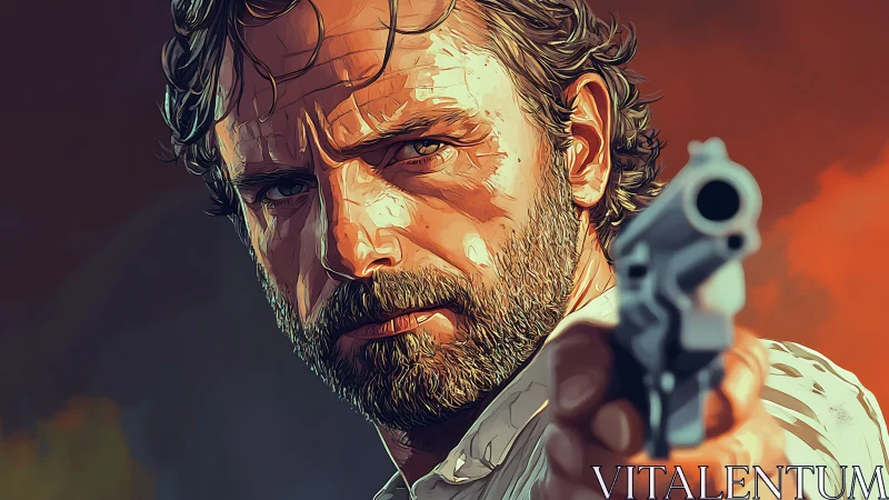 Bearded gunman in close-up, stylized revolver perspective