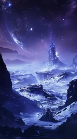 Lonely explorer on icy alien world with tall space tower.