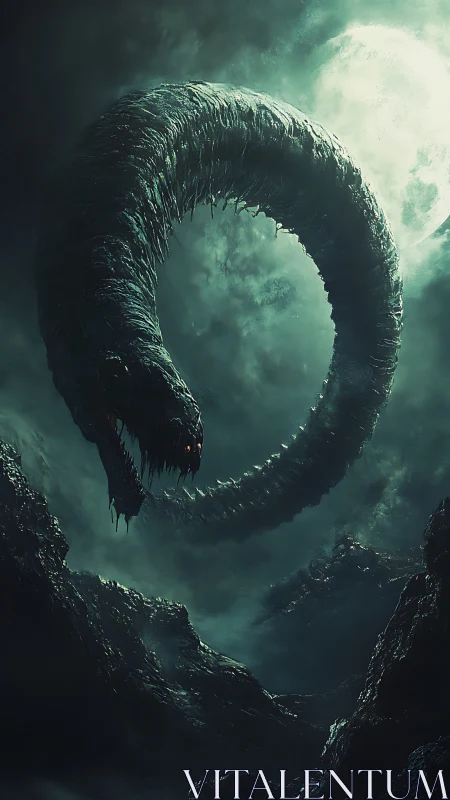 Giant serpent loops through dark mountains under moonlight.