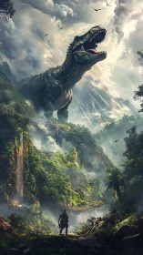 Roaring jungle titan towers over a lone, brave explorer