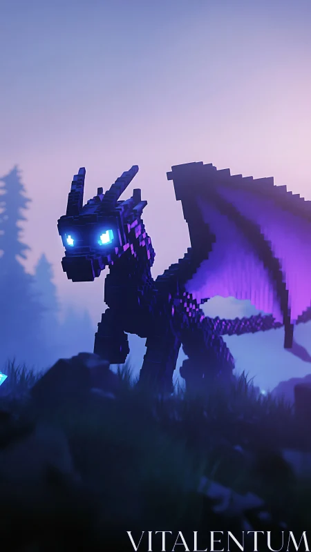 Voxel cyber dragon glows in misty neon twilight forest.