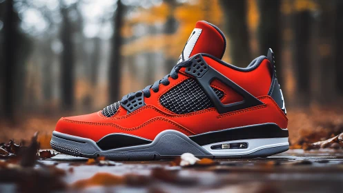Bold red sneaker rests in a calm autumn woodland path