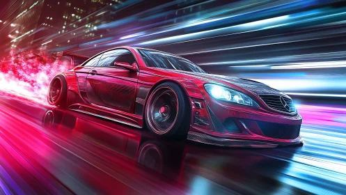 Red street racer blurs through neon city lights in motion