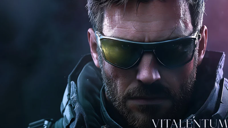 Hardened tactical operative stares ahead in neon shadows.