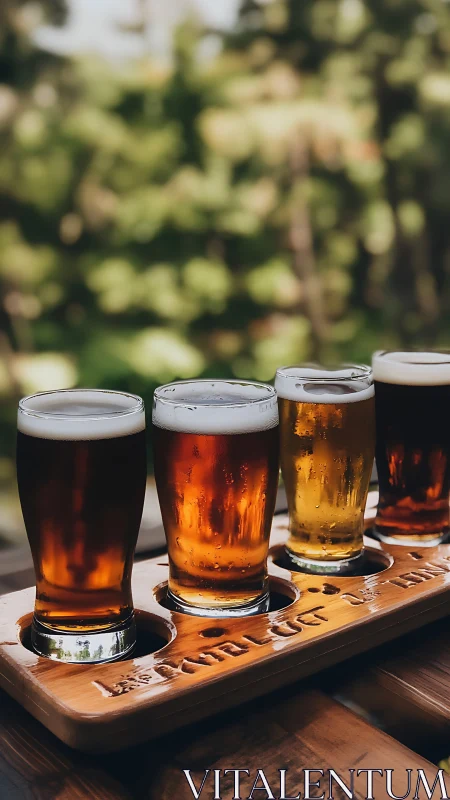 Four beer tasting glasses stand on a wooden outdoor flight