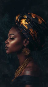 Profile portrait with golden headwrap and sculpted lighting.
