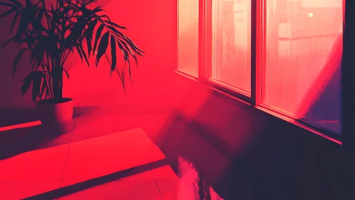 Chromatic window light saturates potted plant silhouette