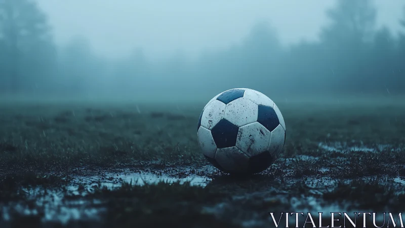 Soccer ball rests on wet grass in a foggy outdoor field
