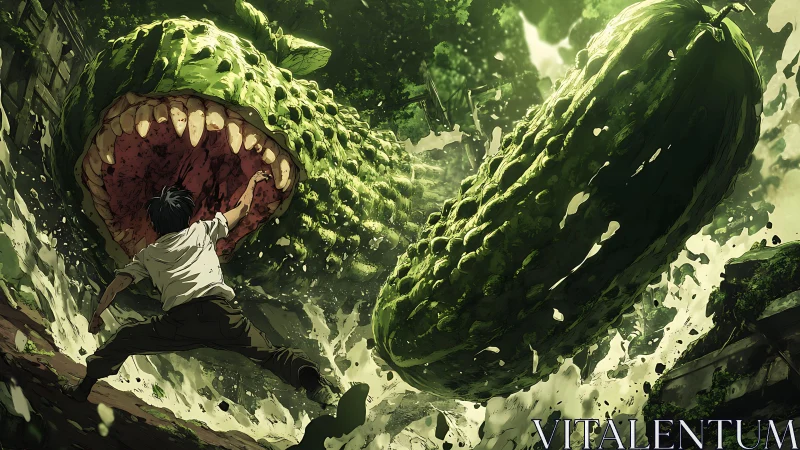 Boy confronts colossal crocodile cucumber in jungle flood.