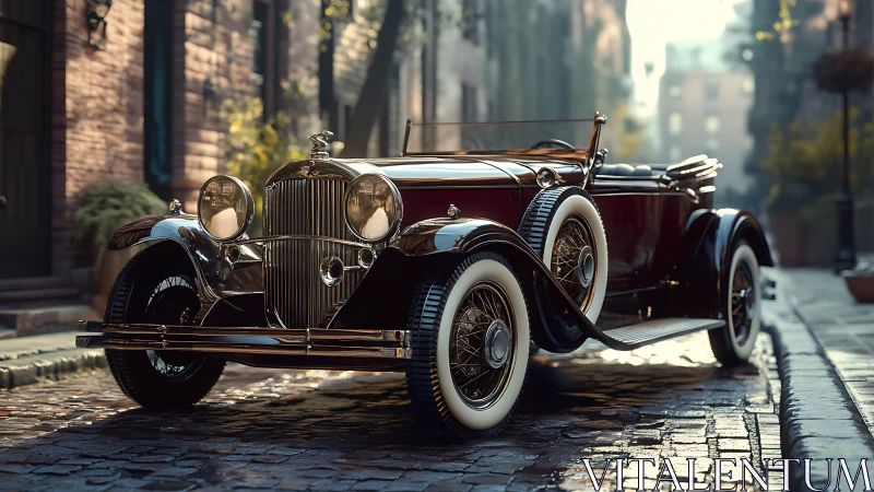 Vintage convertible roadster gleaming on cobblestone street.