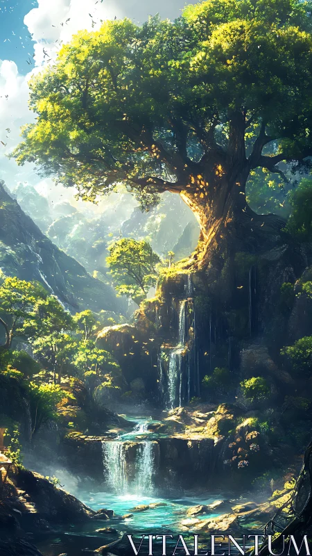 Fantasy arboreal sanctuary with cascading waterfalls composition.