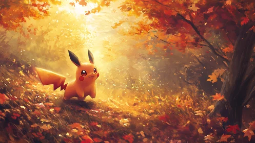 Pikachu stands in sunlit autumn forest with glowing foliage