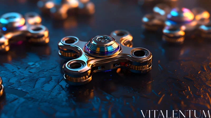 Shiny Metallic Fidget Spinner on Textured Surface, Futuristic Lighting.
