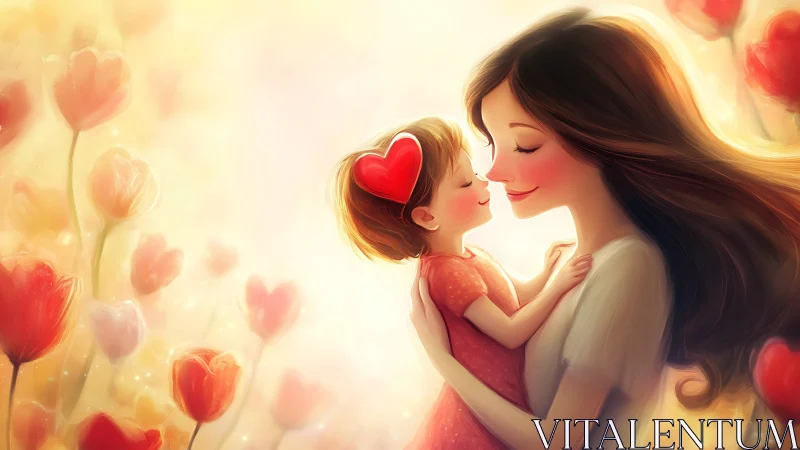 Woman and Child in Flower Field with Heart Imagery