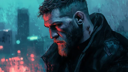 Bearded man in profile stares downward in neon city glow