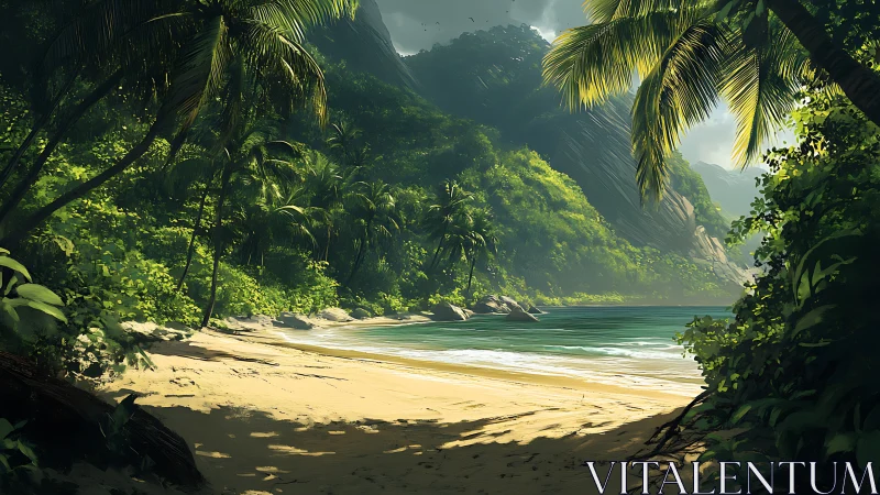 Tropical Coastal Landscape with Palm Vegetation and Beach Formation.