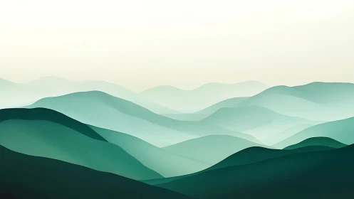 Layered abstract teal hills under pale gradient sky.