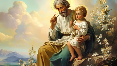 Sacred father and child in luminous pastoral embrace.
