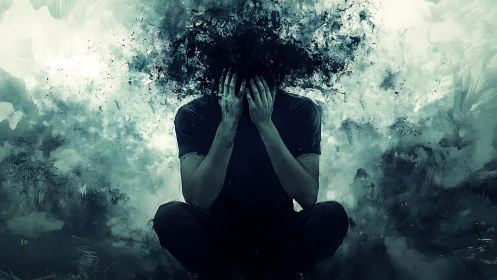 Digital painting depicts dissolving head symbolizing anguish.