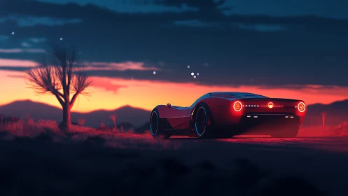 Red futuristic car parked under vivid sunset sky.
