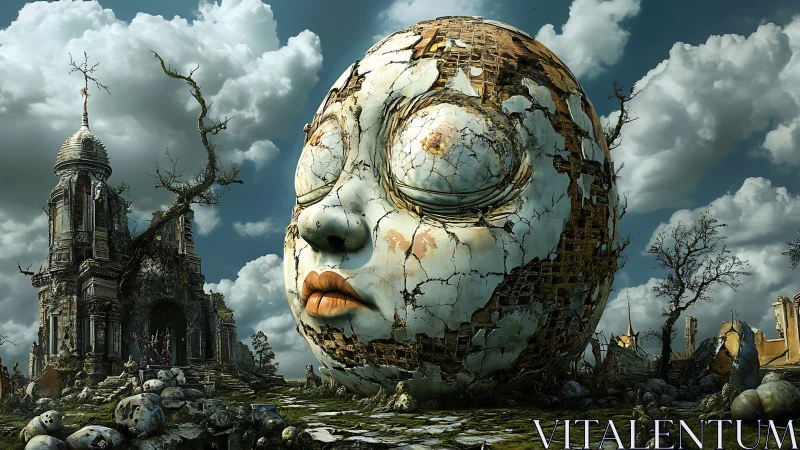Surrealist ruinscape with monumental cracked head structure.