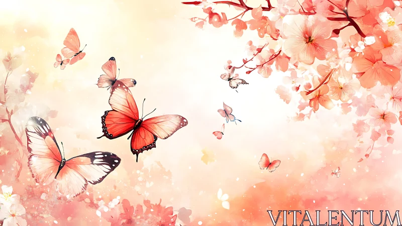 Butterflies drift through luminous peach-hued cherry blossoms