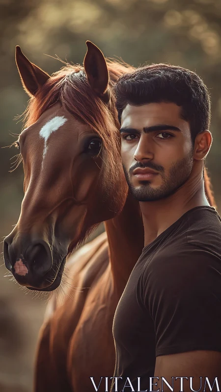 Man and horse share a serene bond in golden evening light