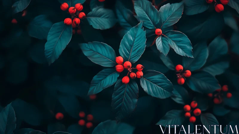 Teal foliage with vivid red berries in moody closeup.