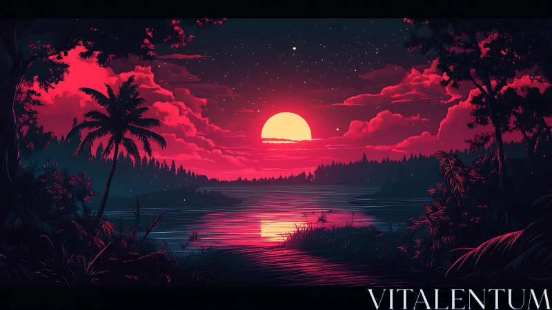 Neon pink sunset illuminates tropical lake and distant forest