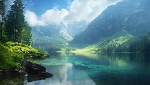 Mountain lake reflects sunlit valley and distant alpine peaks