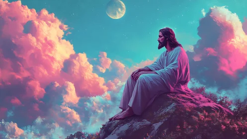 Serene robed figure on moonlit ridge under neon clouds.