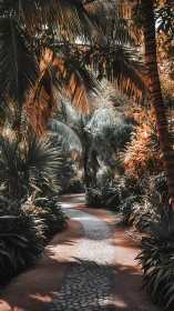Curving stone pathway within dense tropical palm vegetation.