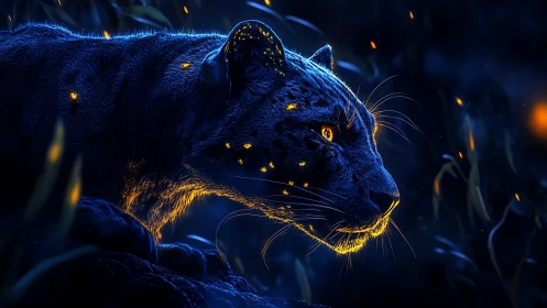 Feline creature in neon-lit environment with blue and gold illumination.