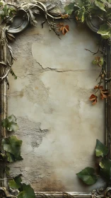 Weathered stone frame wrapped in quiet trailing ivy leaves.