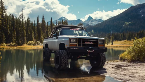 Lifted GMC off-road truck dominates reflective alpine lakeshore