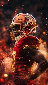 Side profile of football player in helmet with fiery effects.