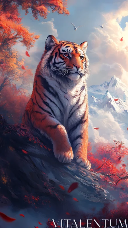 Tiger sits on rocky ledge above red forest and mountains