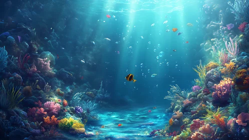 Sunlit tropical coral reef basin with schooling reef fishes