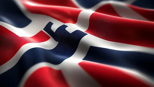 Norwegian flag waves in soft folds and dramatic light.