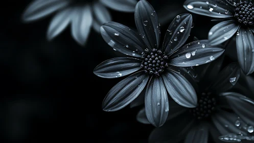 Dark flowers with water droplets on black background.