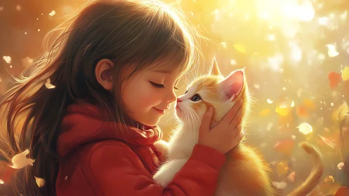 Tender moment as child and kitten share soft golden light.