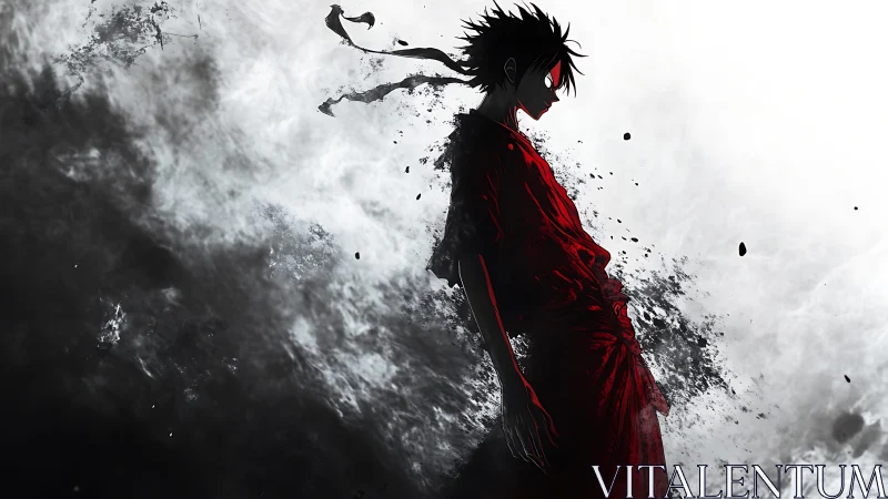 Red‑cloaked anime warrior emerges from swirling shadow storm